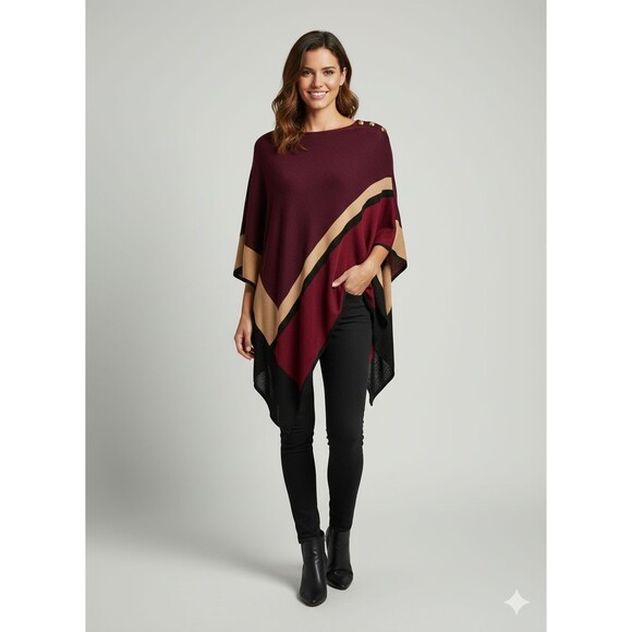 White House Black Market Sweaters - WHBM M Burgundy Colorblock Poncho Sweater Cape Wrap Fall winter‎ Layering EUC